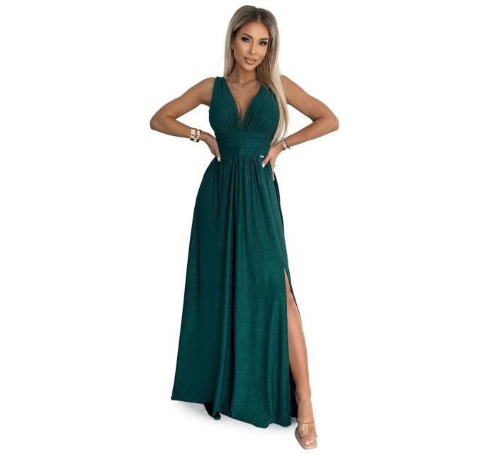 SUSAN - Dlouhé dámské brokátové šaty v lahvově zelené barvě s výstřihem a prošitím v pase 490-3