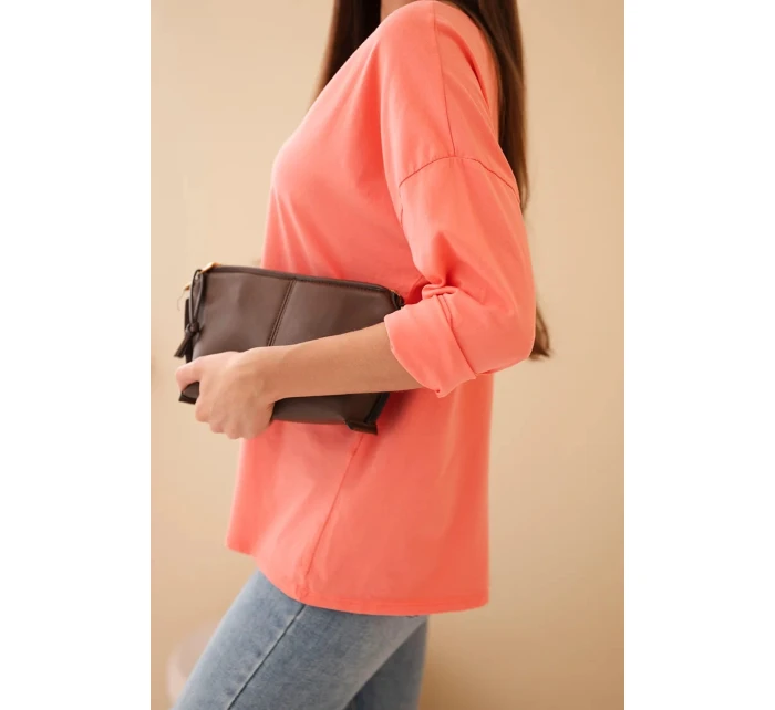 Dámská bavlněná blůza s výstřihem do V a dlouhým rukávem korálová