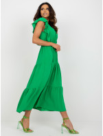 Zelené midi šaty s volánky na rukávech