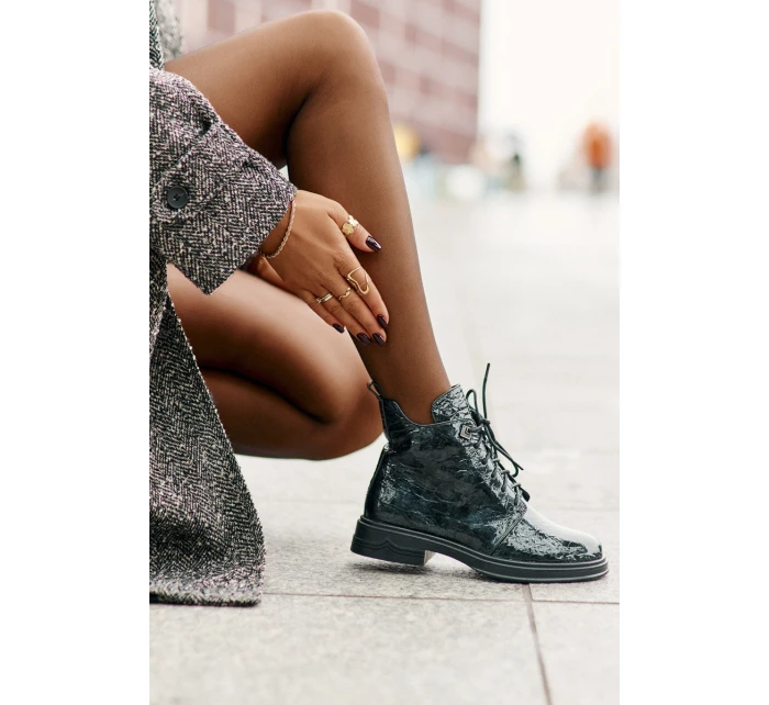 Kožené Lakované Boty Dámské Zateplené Na Zip D&A LZ42-042 Tmavozelené