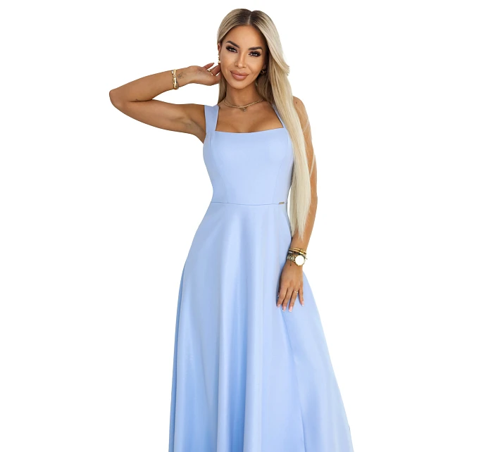 633-4 Dlouhé svatební šaty AURELIA s rozparkem a výstřihem - modré s třpytkami