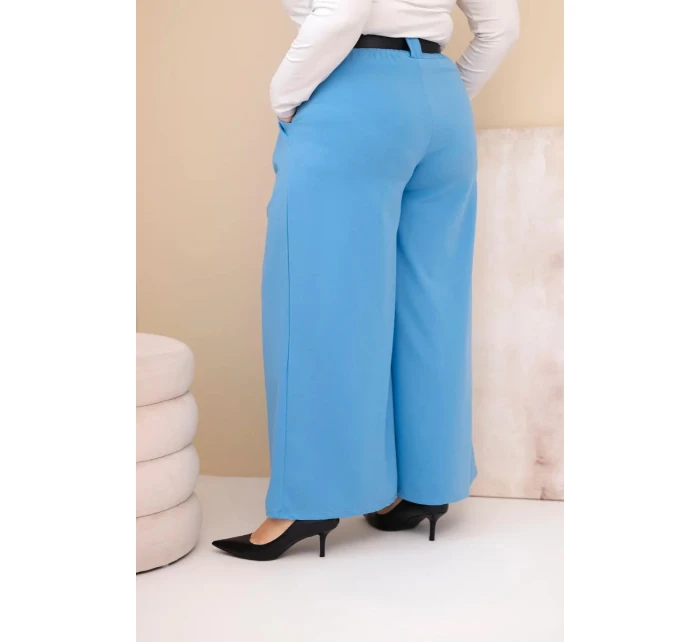 Dámské kalhoty Plus Size viskózové s širokým nohavicí a páskem modré Dámské kalhoty Plus Size viskózové s širokým nohavicí a páskem modré