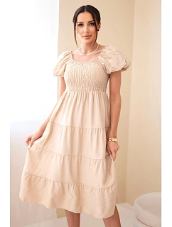 Dámské viskózové šaty s nabíranými rukávy a volánkovým topem khaki