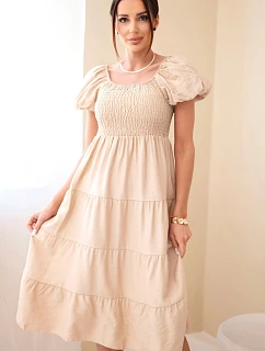 Dámské viskózové šaty s nabíranými rukávy a volánkovým topem khaki