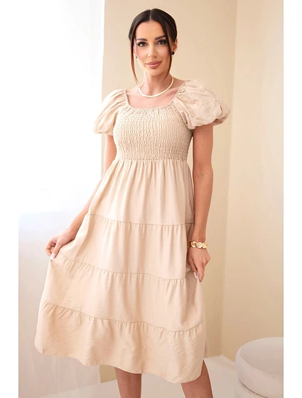 Dámské viskózové šaty s nabíranými rukávy a volánkovým topem khaki Dámské viskózové šaty s nabíranými rukávy a volánkovým topem khaki