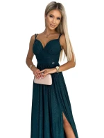 Dlouhé dámské šaty v lahvově zelené barvě s ramínky a rozparkem na noze model 20547621 - numoco