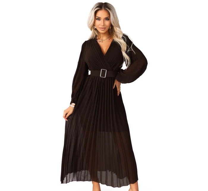 414-11 KLARA plisované elegantní midi šaty s páskem a výstřihem - čokoládové