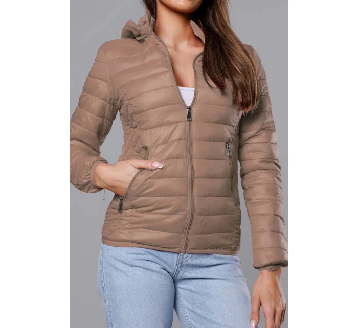 Prošívaná béžová dámská bunda s kapucí model 18038064 - S'WEST Prošívaná béžová dámská bunda s kapucí model 18038064 - S'WEST