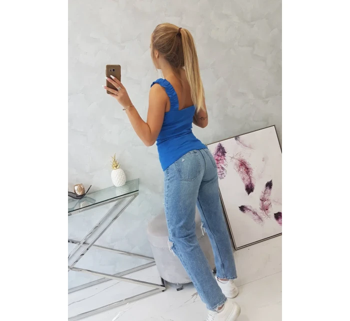 Halenka bez ramínek s volánky chrpově modrá Halenka bez ramínek s volánky chrpově modrá