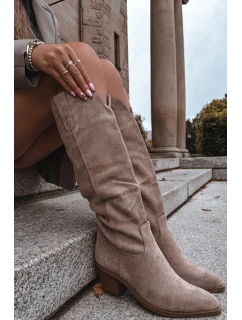 Dámské kozačky cowboy na podpatku z eko semiše béžové Esmira