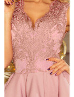 Exkluzivní šaty s krajkovým výstřihem Numoco CHARLOTTE - růžové