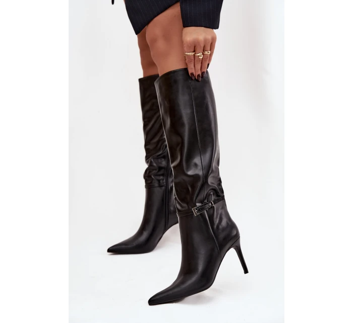 Dámské kozačky na podpatku s páskem černé model 21744534 - Boto