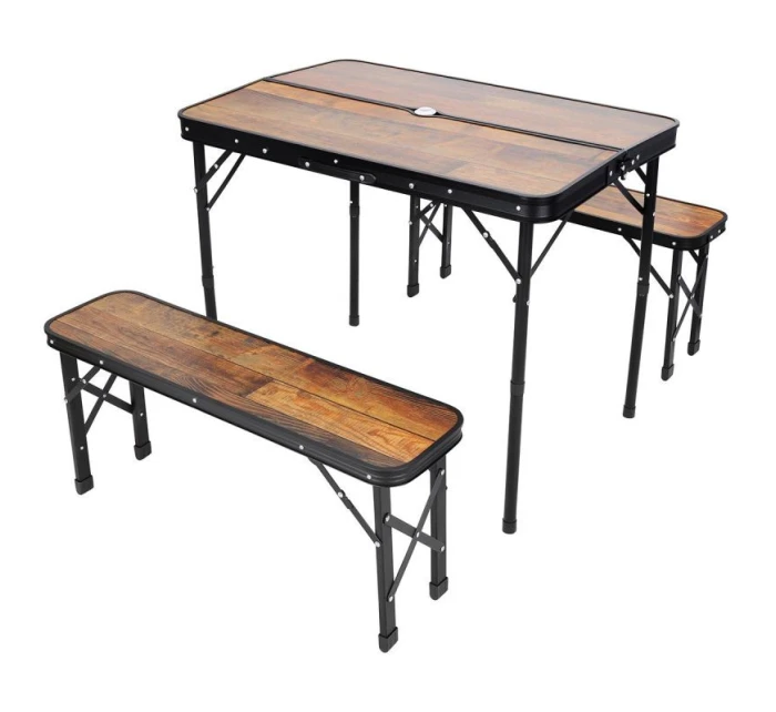 Skládací kempingový turistický stůl 90x60x70 cm a 2 lavice 87x23x39 cm Dřevo