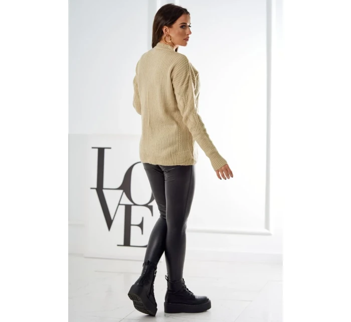 Svetr model 18970345 přes hlavu s módní vazbou béžový - K-Fashion Svetr model 18970345 přes hlavu s módní vazbou béžový - K-Fashion