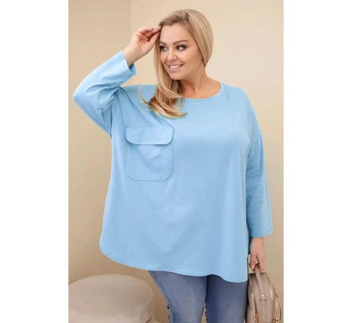 Dámská blůza Plus Size s bavlnou, kapsou a ohrnutým rukávem mátová