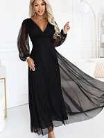 684-4 NERISSA – elegantní tylový maxi šaty s výstřihem do V – černé