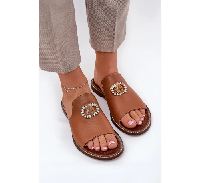 Elegantní Dámské Kožené Pantofle S Dekorací Zazoo 3008 Camel