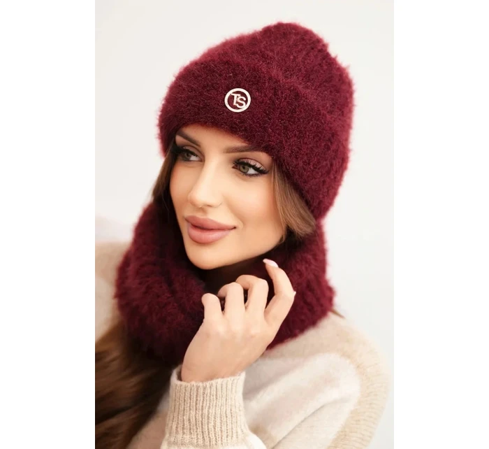 Dámská souprava čepice a šály zimní s ozdobným bordó model 21461104 - K-Fashion