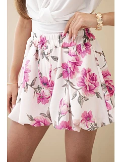 Dámské viskózové kraťasy s květinovým vzorem a vázáním v pase růžové