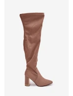 Dámské kozačky z eko-semiše nad kolena na sloupku – tmavě béžové Thamine