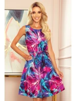 VICTORIA - Dámské trapézové šaty se světle modrými a růžovými květy 296-3