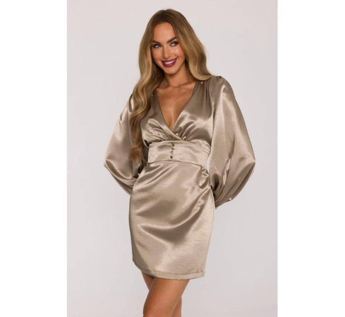 Saténové mini šaty s rukávy zlaté model 21479312 - Moe