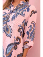 Dámská bavlněná blůza s ozdobným potiskem a ohrnutými rukávy model 21199807 růžová - K-Fashion