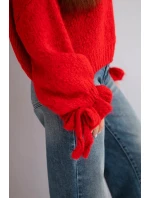 Dámský svetr s přídavkem mohéru s model 21857679 pletením a ozdobnými rukávy červený - K-Fashion