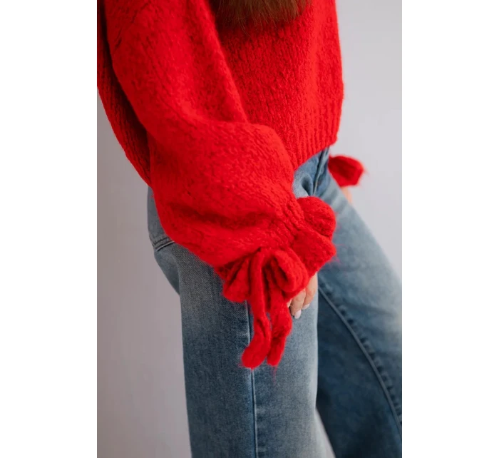 Dámský svetr s přídavkem mohéru s model 21857679 pletením a ozdobnými rukávy červený - K-Fashion