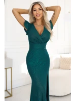 dlouhé šaty s obálkovým výstřihem a rozparkem na nohou lahvově zelené model 21475433 - numoco