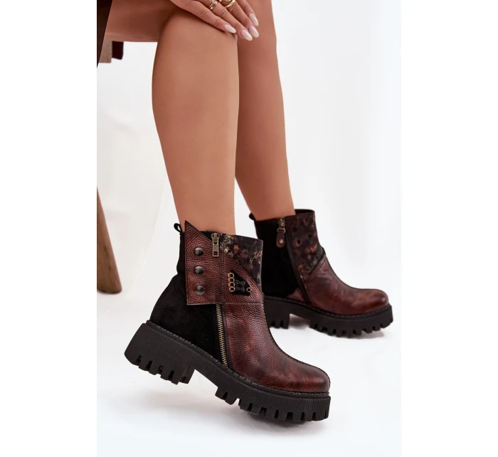 Kožené zateplené kotníkové boty na platformě a plochém podpatku Maciejka 06140-02 hnědé