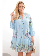 Dámské bavlněné šaty Plus Size s výstřihem do V a knoflíky s květinovým vzorem modrá