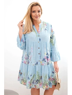 Dámské bavlněné šaty Plus Size s výstřihem do V a knoflíky s květinovým vzorem modrá