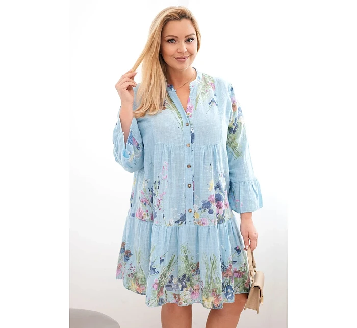 Dámské bavlněné šaty Plus Size s výstřihem do V a knoflíky s květinovým vzorem modrá