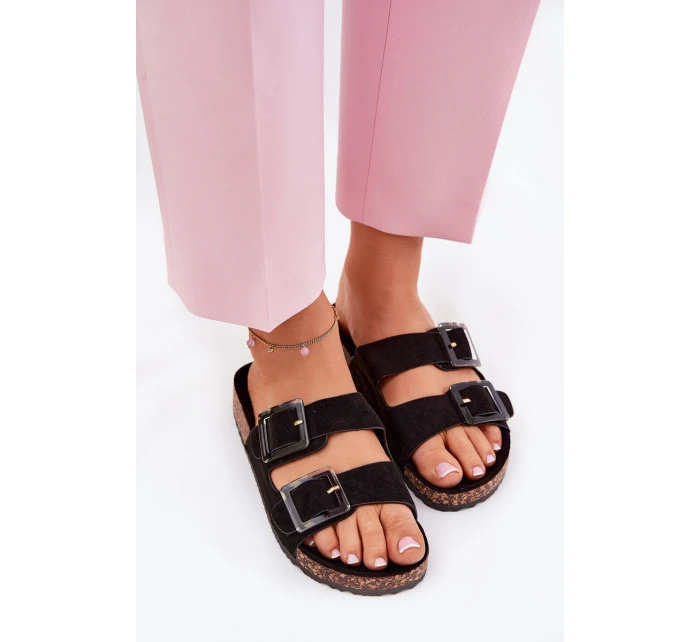 Dámské Pantofle S Přezkami Na Korek Podošve Černé Sercele Dámské Pantofle S Přezkami Na Korek Podošve Černé Sercele