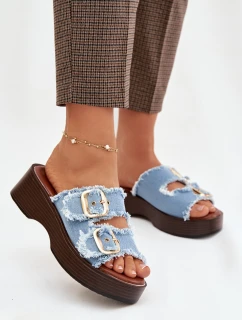 Dámské pantofle na platformě se zlatými sponami modré model 21919118 - Boto