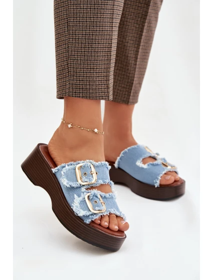 Dámské pantofle na platformě se zlatými sponami modré model 21919118 - Boto Dámské pantofle na platformě se zlatými sponami modré model 21919118 - Boto