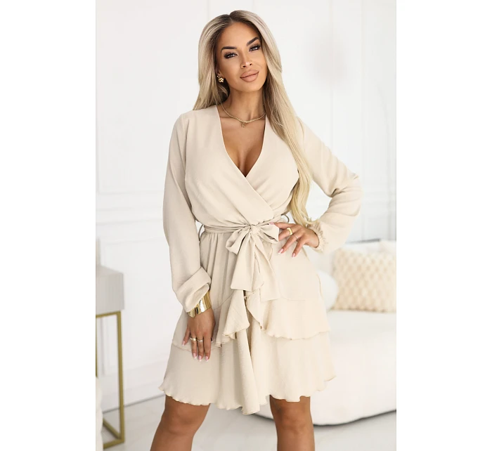 671-1 Smyslné mini šaty s obálkovým výstřihem - béžové 671-1 Smyslné mini šaty s obálkovým výstřihem - béžové