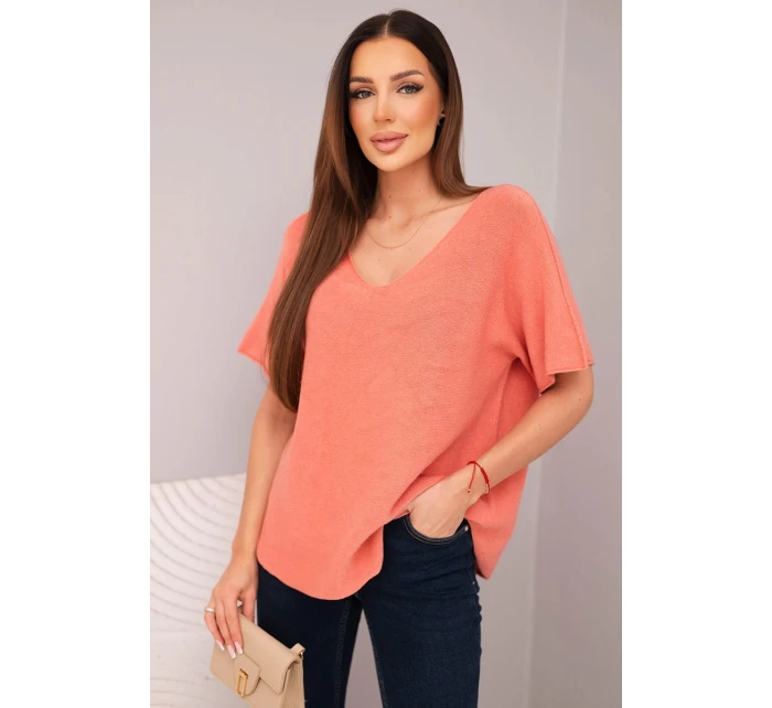 Dámská svetr s krátkým rukávem a výstřihem do V meruňková