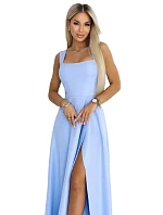 633-4 Dlouhé svatební šaty AURELIA s rozparkem a výstřihem - modré s třpytkami