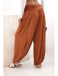 Dámské viskózové kalhoty s širokými nohavicemi a volánky zázvor