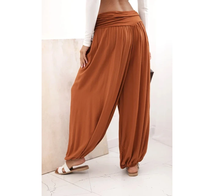 Dámské viskózové kalhoty s širokými nohavicemi a volánky zázvor