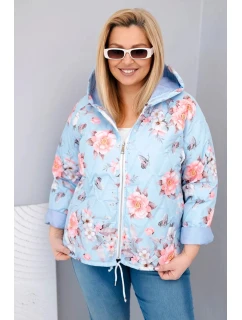 Dámská jarní prošívaná bunda Plus Size s kapucí a květinovým vzorem modrá