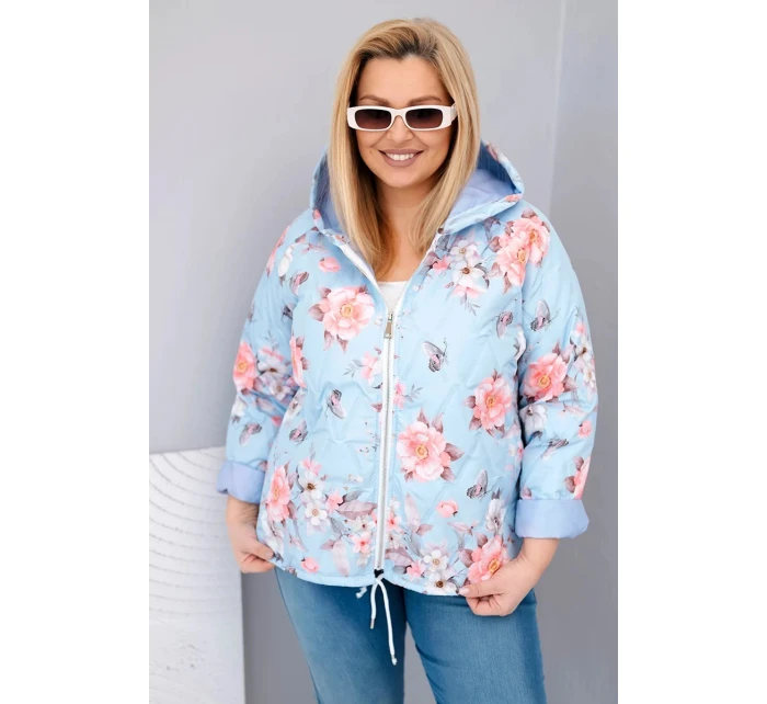 Dámská jarní prošívaná bunda Plus Size s kapucí a květinovým vzorem modrá