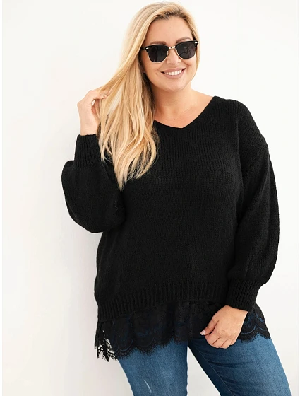 Dámský svetr Plus Size s krajkovým spodkem černý Dámský svetr Plus Size s krajkovým spodkem černý