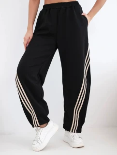 Dámské máslové kalhoty z viskózy s lampasem černé + béžové