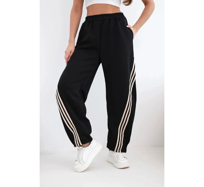 Dámské máslové kalhoty z viskózy s lampasem černé + béžové