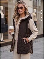 Dlouhá prošívaná dámská vesta s kapucí, hnědá, FashionStreet TY5921 Dlouhá prošívaná dámská vesta s kapucí, hnědá, FashionStreet TY5921