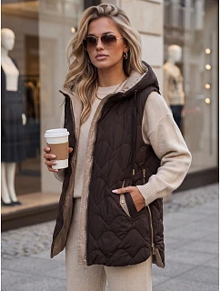 Dlouhá prošívaná dámská vesta s kapucí, hnědá, FashionStreet TY5921