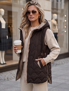 Kamizelka damska długa pikowana z kapturem brązowa model 22342248 - FashionStreet